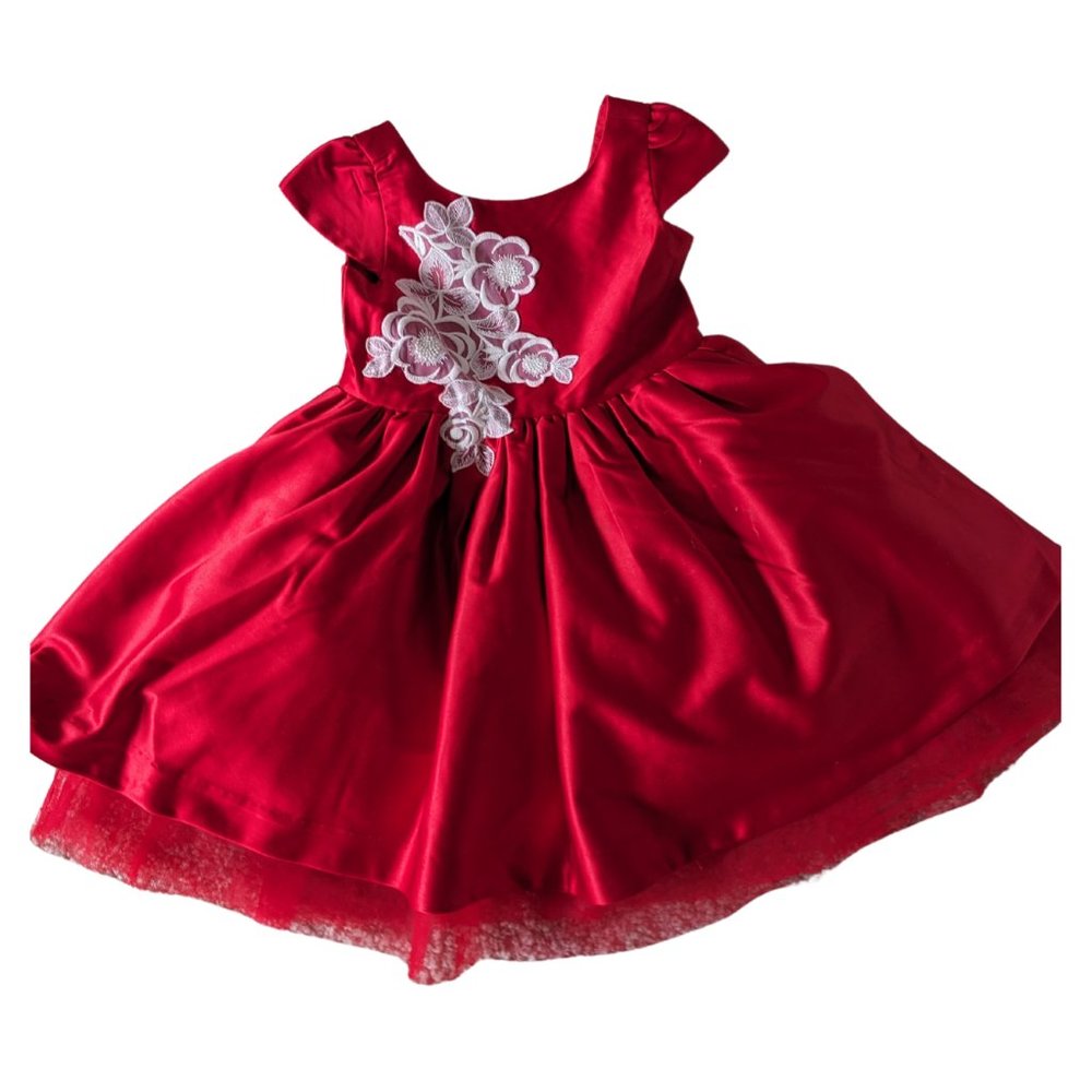 Janie & Jack Flower Applique Satin Dress/ Red/ 3T